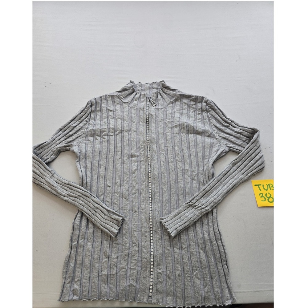 Elldini Gray Ribbed Knit Rhinestone Zip Front Mock Neck Cardigan Sweater Large